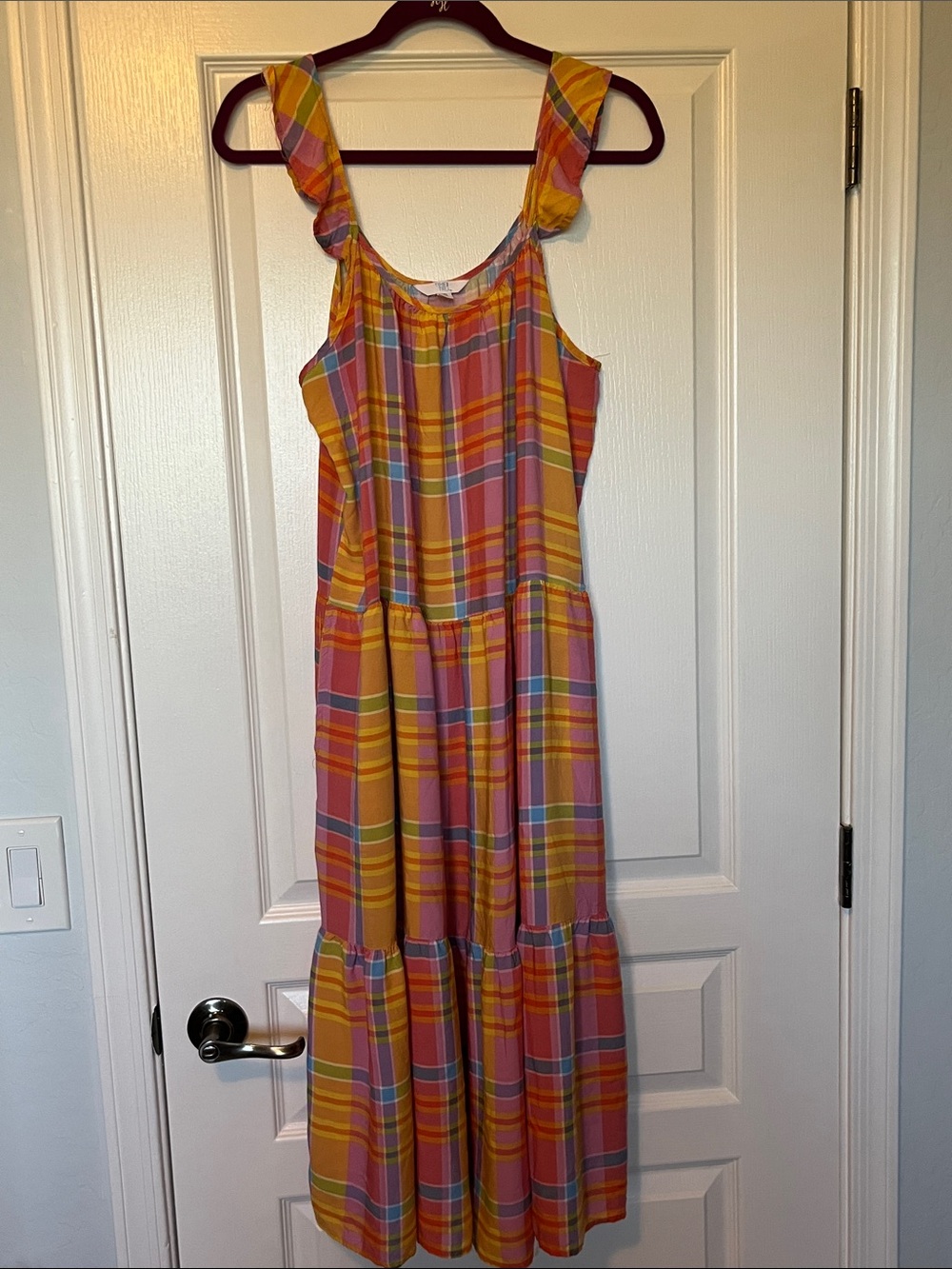 Time and Tru Yellow Pink Plaid Midi Dress